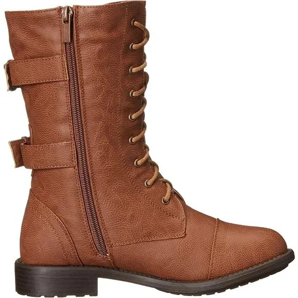 Top Moda Combat Style Lace-Up Mid-Calf Boots | Faux Leather + Buckle Detail - Picture 4 of 8